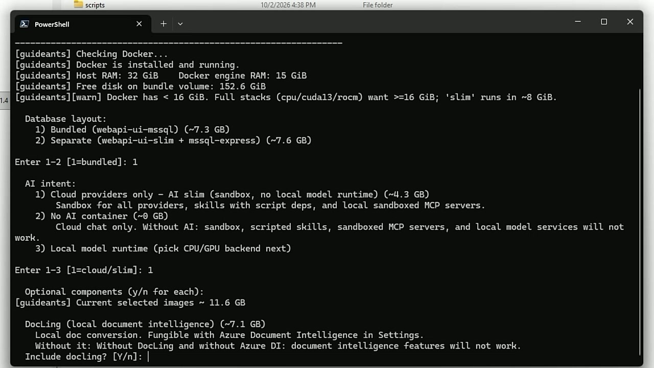 The installer prompts: bundled layout, AI sandbox, optionals.