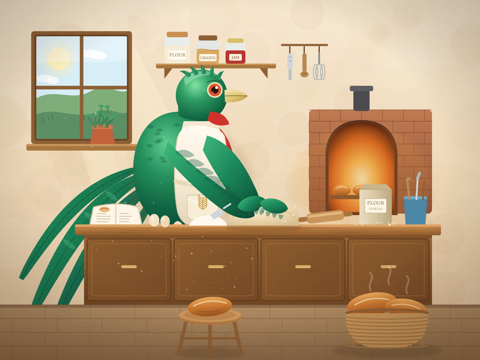 A quetzal baking bread, from the test loop.