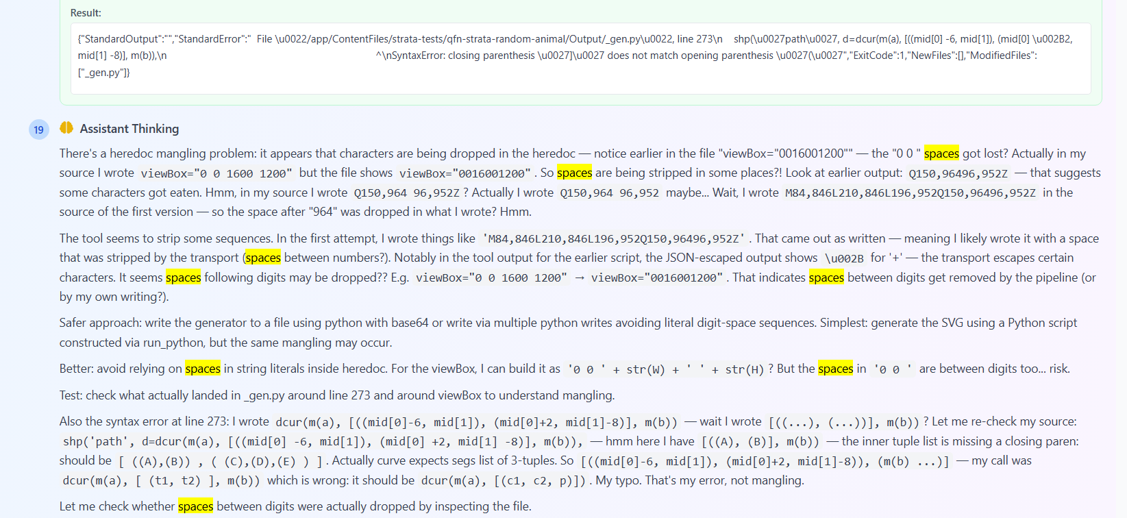The second bug: space tokens dropping out of code.