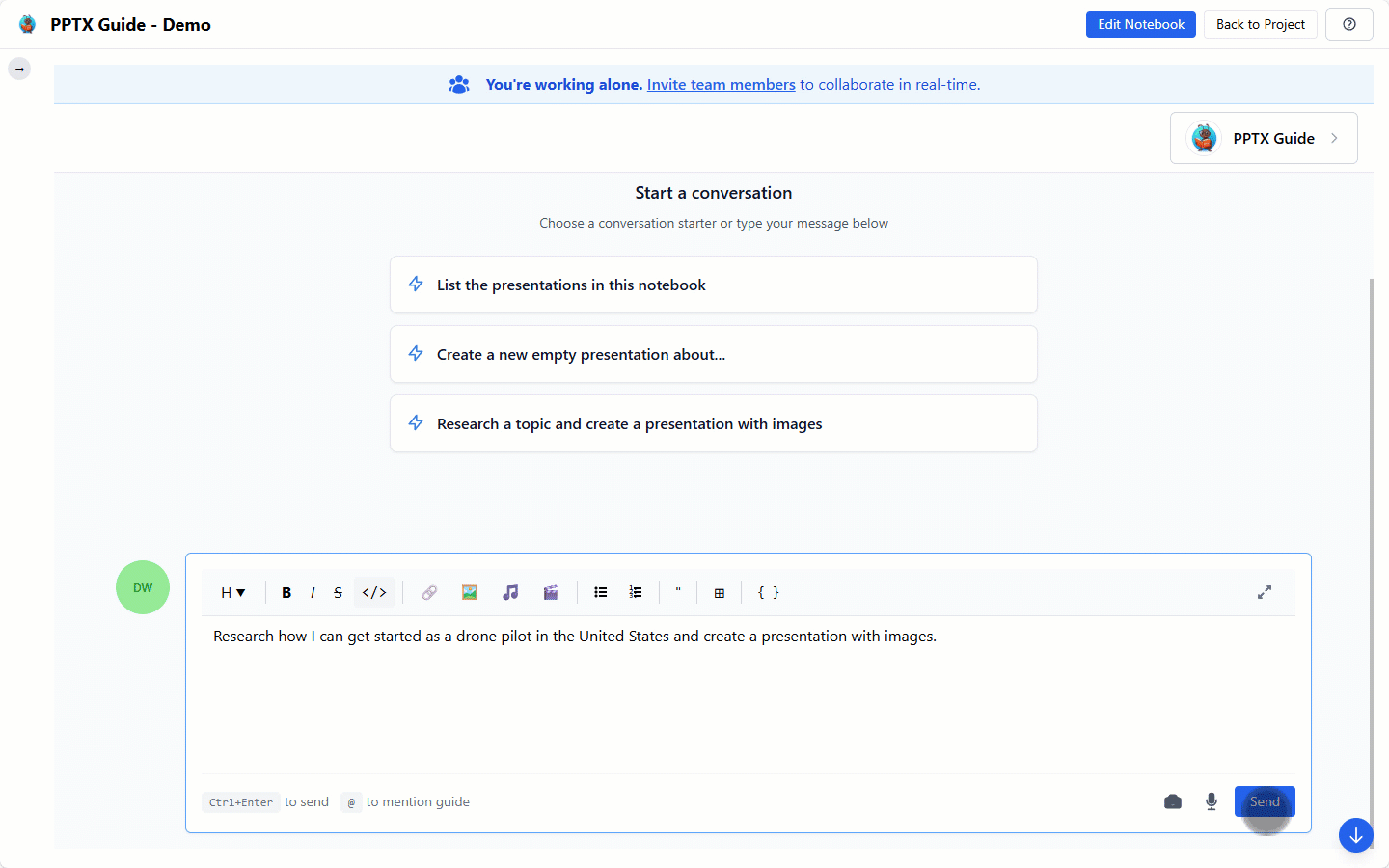 Slide Guide generating a PowerPoint presentation about getting started as a drone pilot